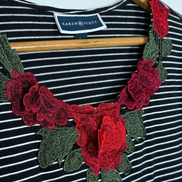 Karen Scott Womens Black White Striped Top Sz Large 3D Red Rose Applique Detail - Picture 3 of 9